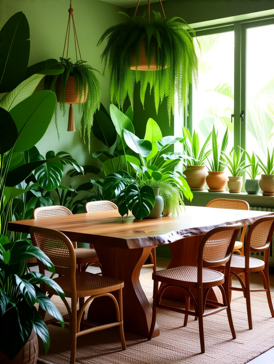 A bohemian jungle oasis themed green dining room with a live-edge wooden table, vintage chairs, and numerous tropical plants creating a lush, natural ambiance.