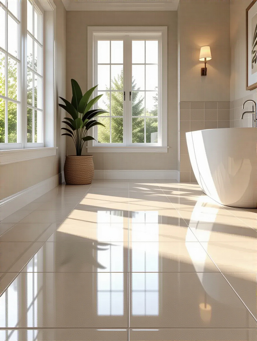 Portrait view of a pristine bathroom floor with glossy tiles and clean grout in a modern bathroom