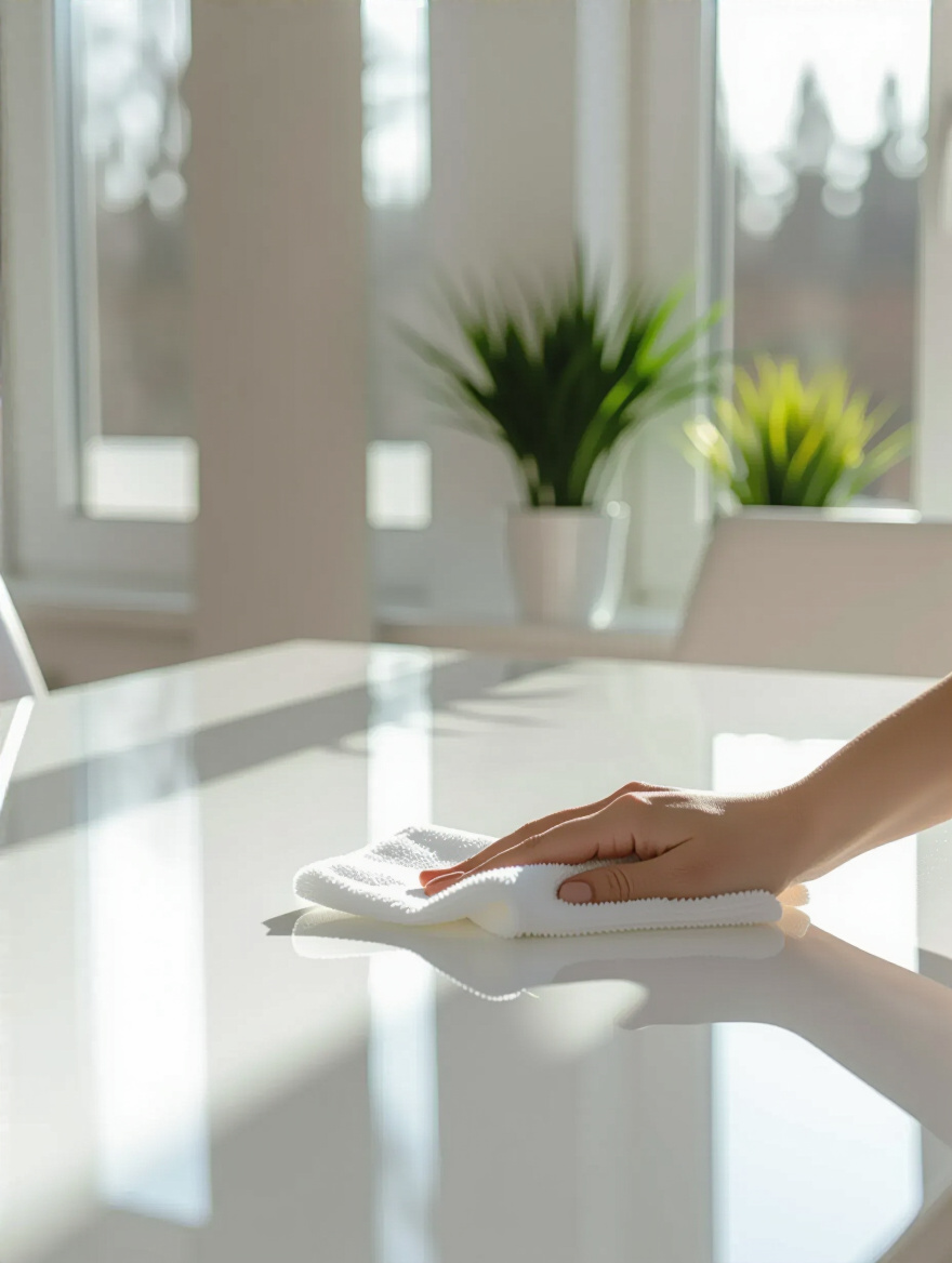 Pristine white dining surface being wiped with a microfiber cloth