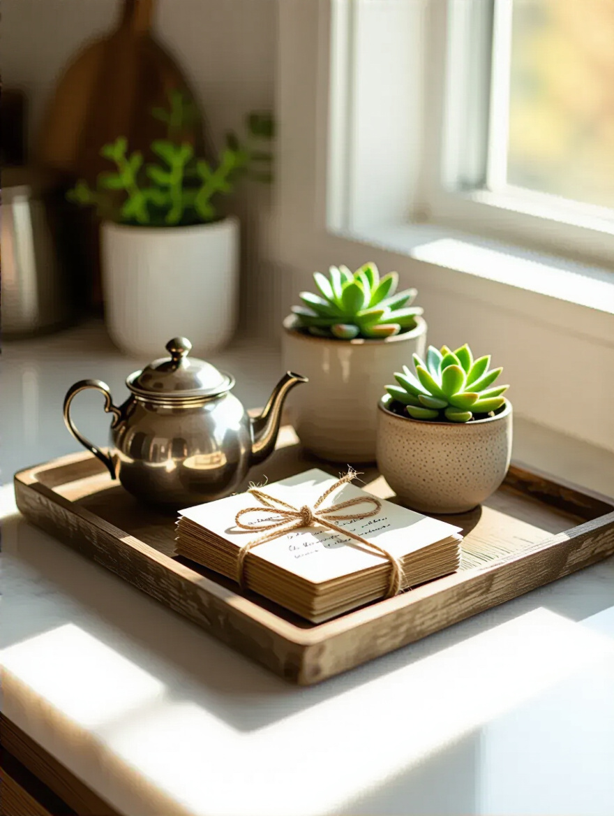 A neatly arranged rustic wooden tray on a light quartz kitchen countertop, displaying an antique silver teapot, vintage family recipe cards, and a potted succulent. The scene is bright, clean, and highlights sentimental kitchen countertop decor.