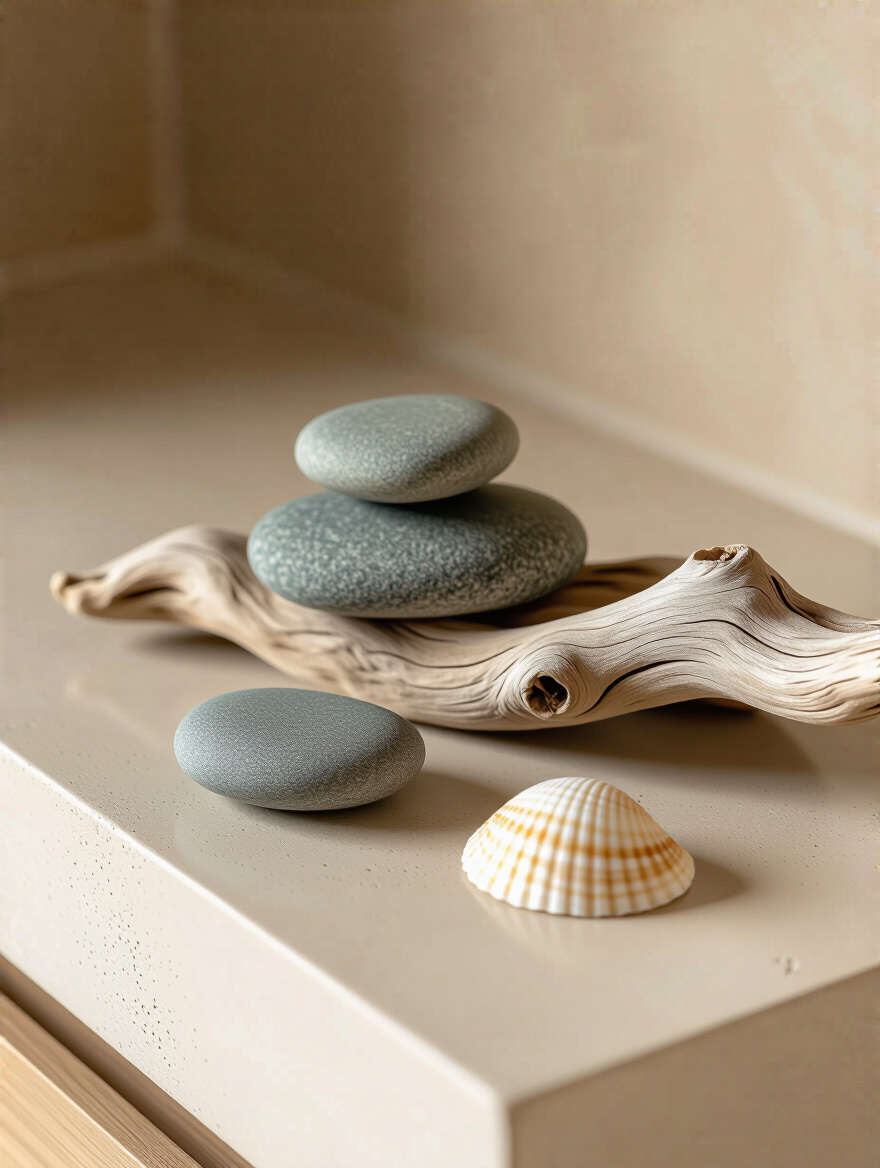 Close-up of natural stone pebbles and a piece of driftwood with a seashell on a vanity in a serene beige bathroom setting, enhancing organic texture.