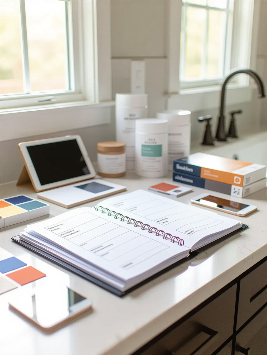 Organized bathroom remodel documentation setup with binder and materials on a clean vanity