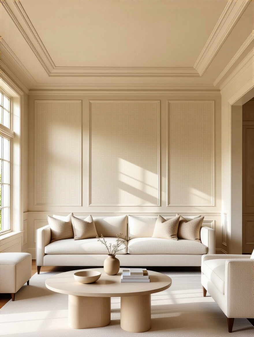 Elegant beige living room with intricate crown molding and subtle textured wallpaper on the ceiling, emphasizing a sophisticated ceiling treatment that enhances architectural interest and spaciousness.