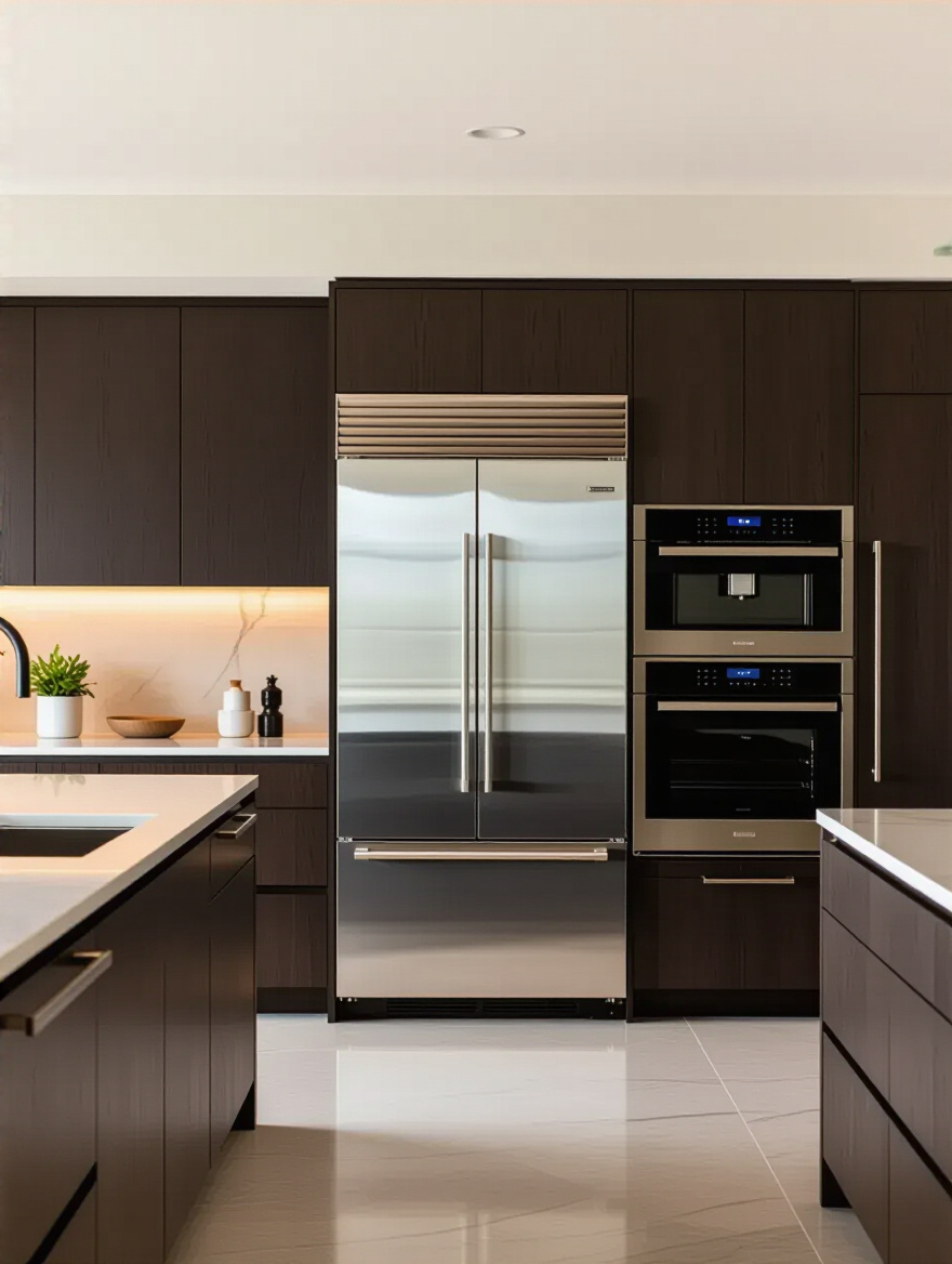 Modern luxury kitchen with custom-paneled integrated Sub-Zero style refrigerator and Gaggenau style wall ovens, minimalist dark oak cabinetry, polished stone countertop, emphasizing hidden high-performance kitchen technology.