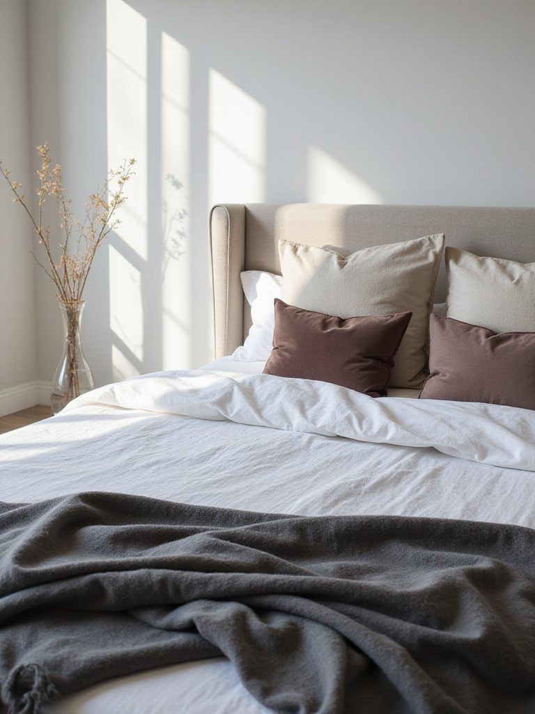 Modern bedroom showcasing a bed expertly dressed with multiple layers of textiles including white sheets, an off-white duvet, a grey throw, and linen and velvet pillows, emphasizing diverse textures and sophisticated comfort.