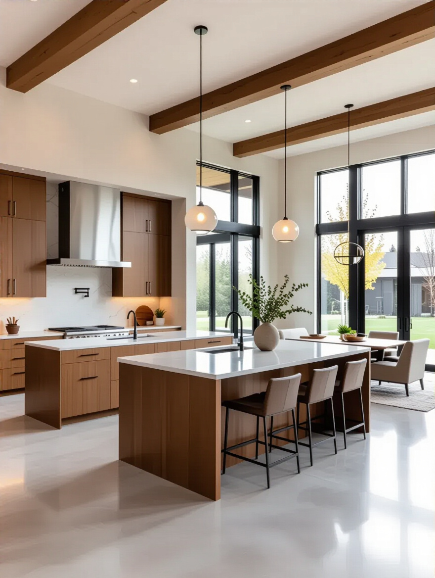 Modern open-concept kitchen with seamless flow to dining area, showcasing enhanced social interaction and spatial openness.