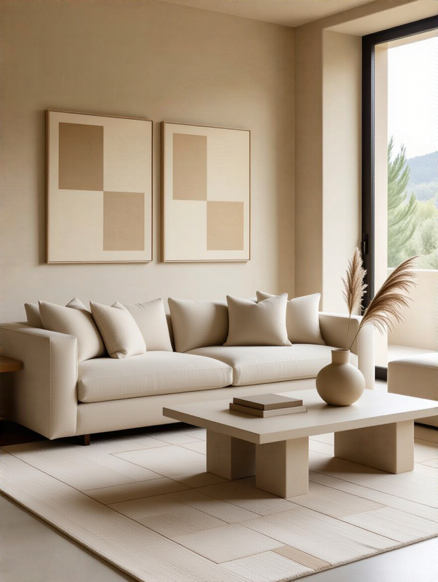 Modern minimalist beige living room showing repetition of square motifs in sofa cushions, rug pattern, and abstract art frames, creating a unified and sophisticated design style.