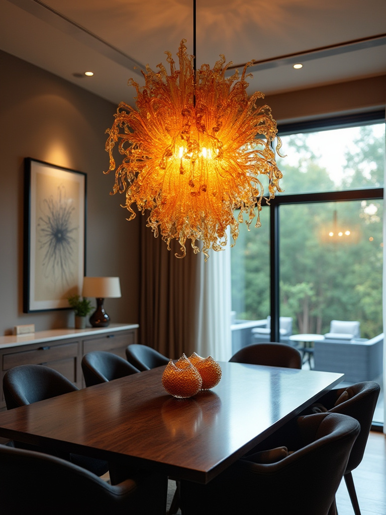 A magnificent, unique hand-blown glass pendant chandelier with amber and clear organically shaped glass pieces, acting as the artistic centerpiece in a modern, minimalist dining room.