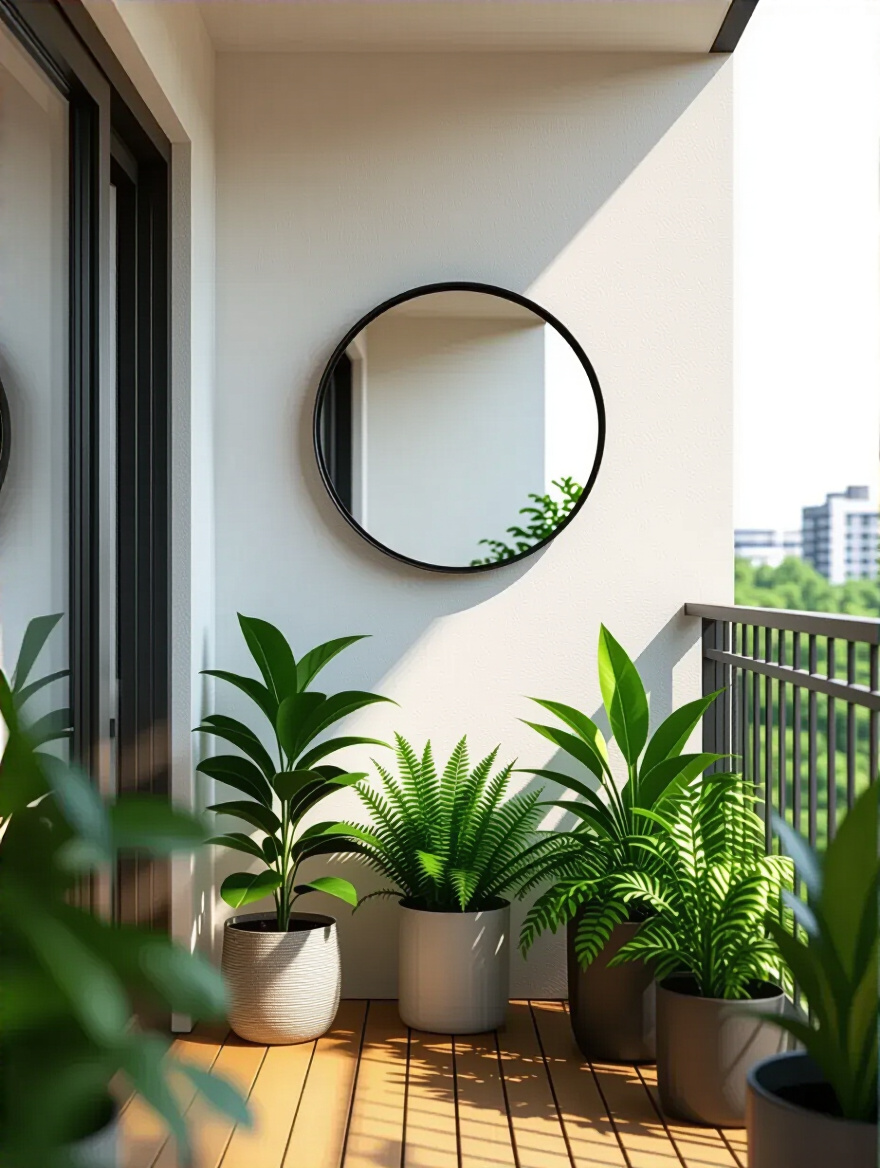 Vertical balcony with a large outdoor mirror reflecting greenery