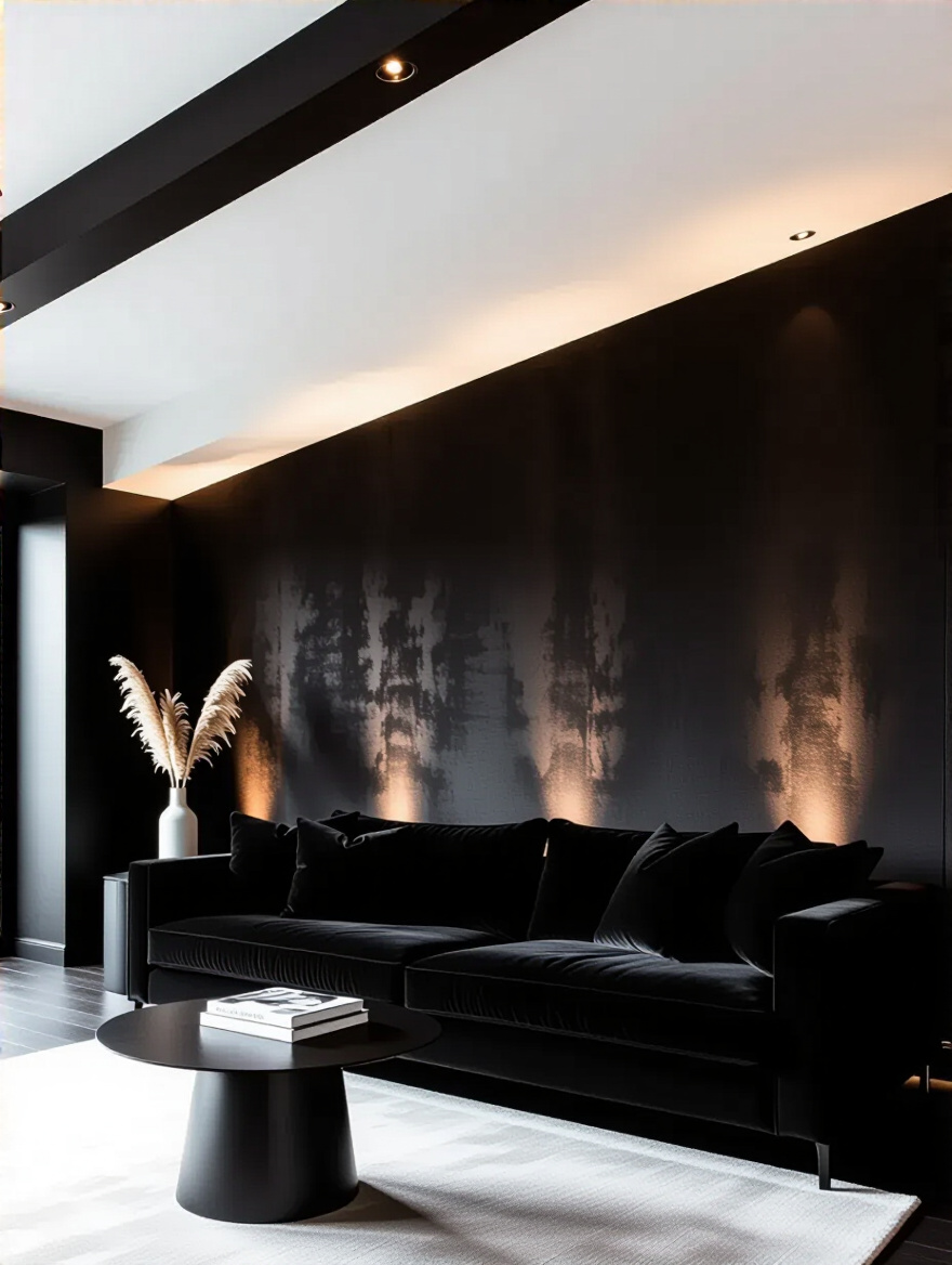 A stylish black living room featuring a luxurious accent wall with rich textured wall treatment, adding depth and sophistication, professionally lit.
