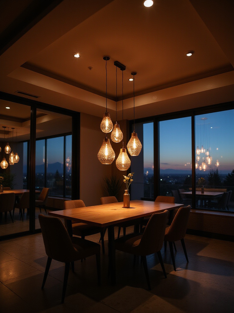 Modern dining room with an elegant dimmable chandelier and pendant lights, showcasing a warm, intimate lighting setting at twilight. Focus on lighting flexibility.