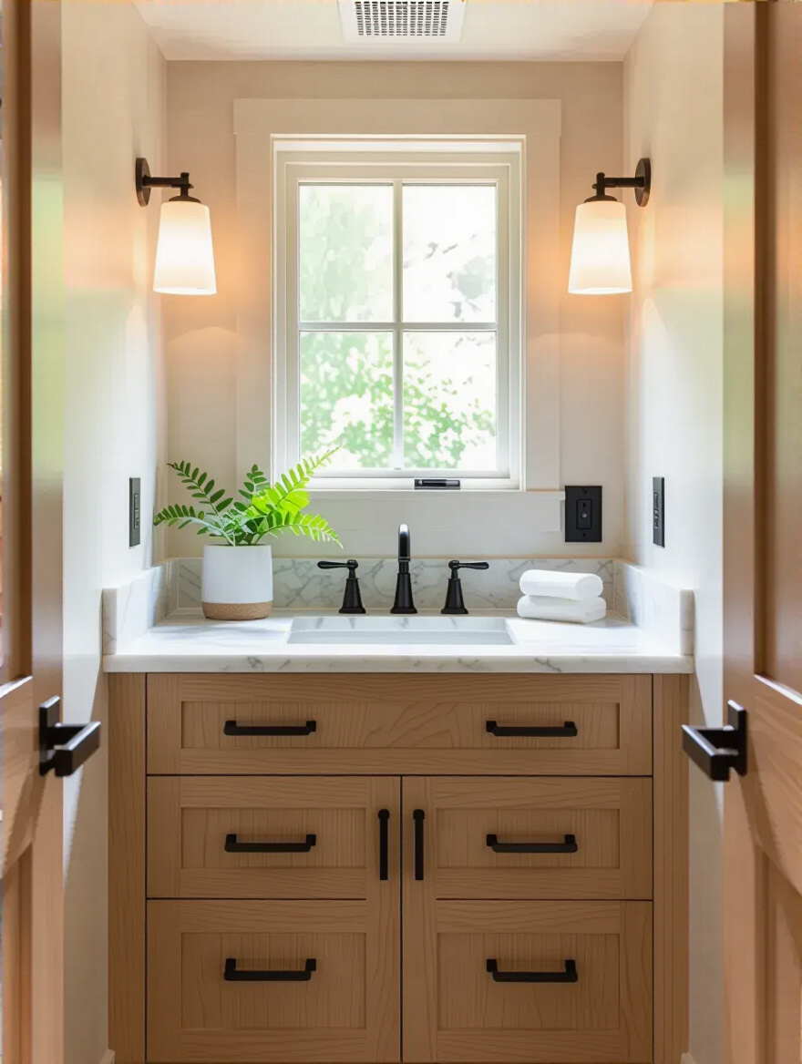 Portrait of a modern powder room showing a quiet exhaust fan and humidity sensor