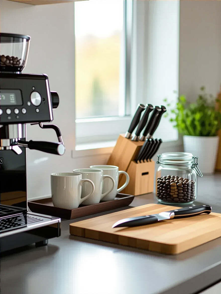 Organized kitchen countertop with a distinct coffee station and a clean food prep zone, featuring stylish mugs and a cutting board on light wood, illustrating clear functional divisions.