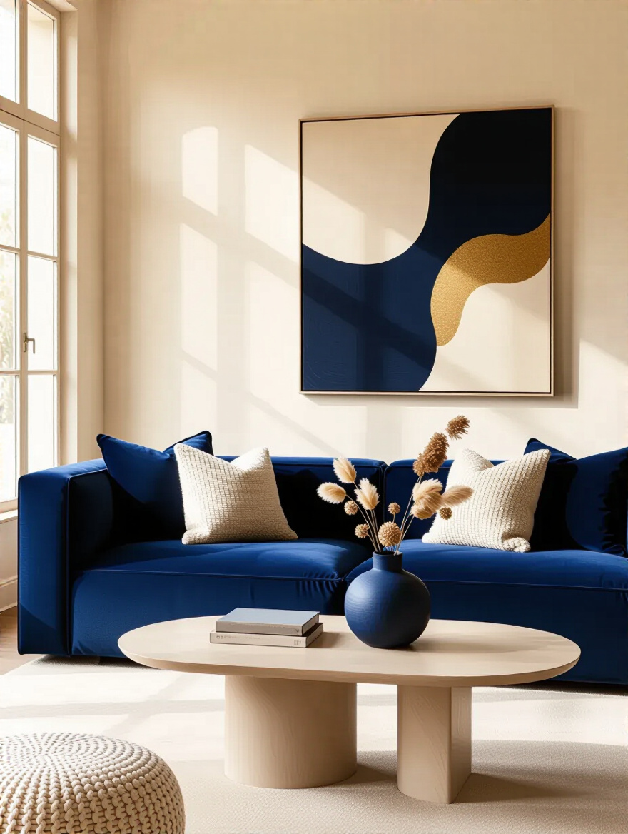 An elegant beige living room featuring a navy blue velvet sofa as a complementary accent, enhancing depth and preventing monotony. Beige walls, textured rug, navy blue decorative vase, and abstract artwork.