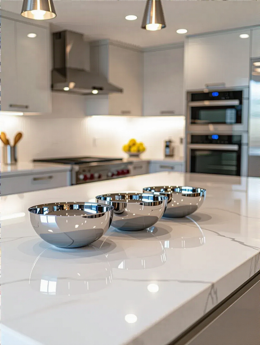 A pristine, sparkling modern luxury kitchen island with white marble and polished chrome elements, reflecting soft light, representing comprehensive maintenance for longevity.