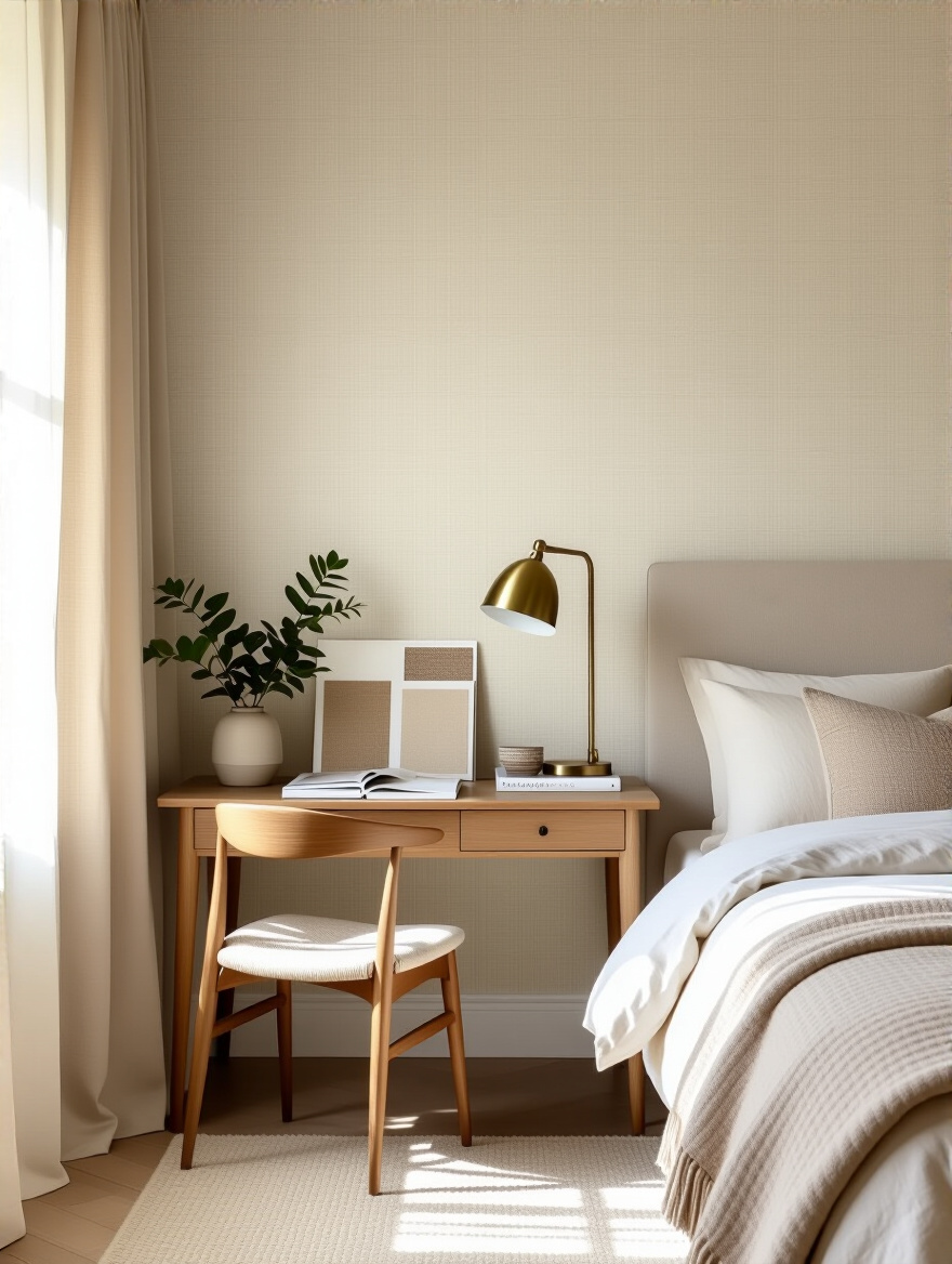 Calm bedroom corner with wallpaper swatches and design samples for planning