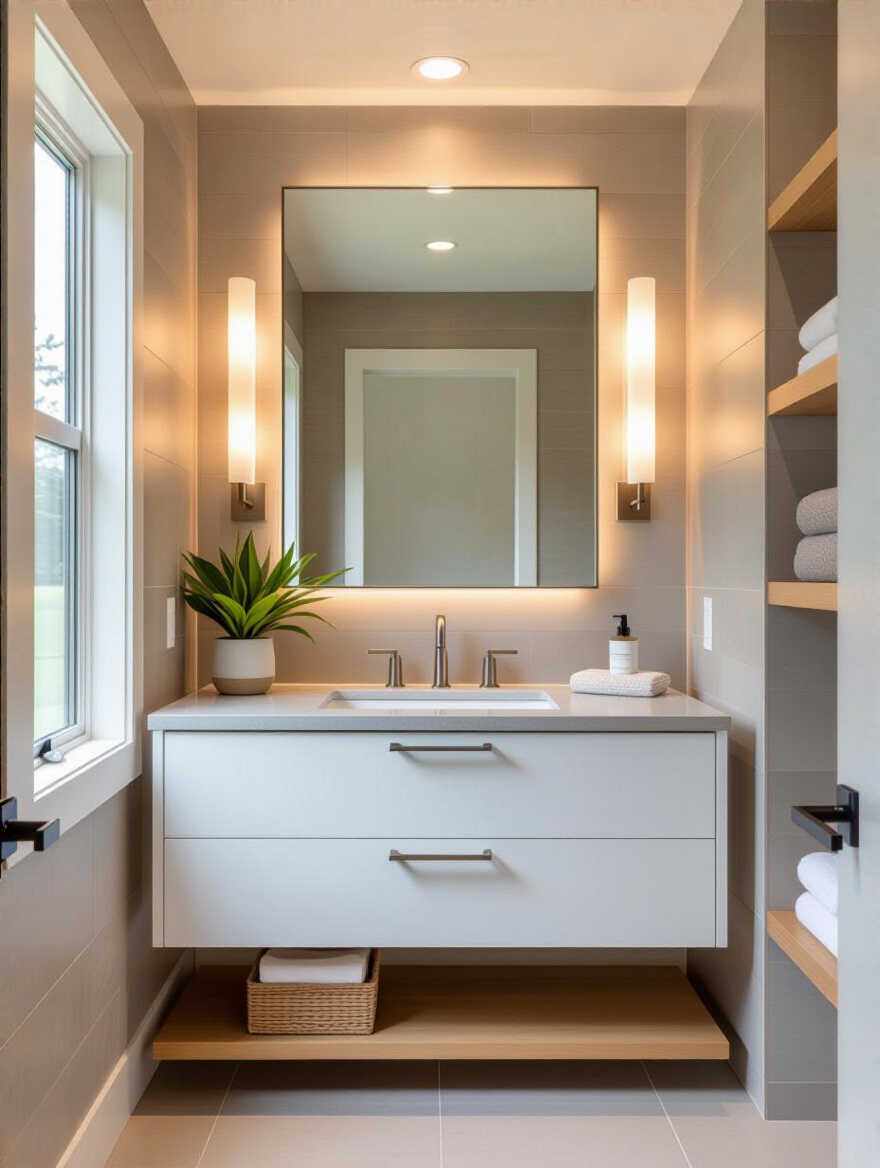 Portrait view of a modern powder room with premium materials and finishes.