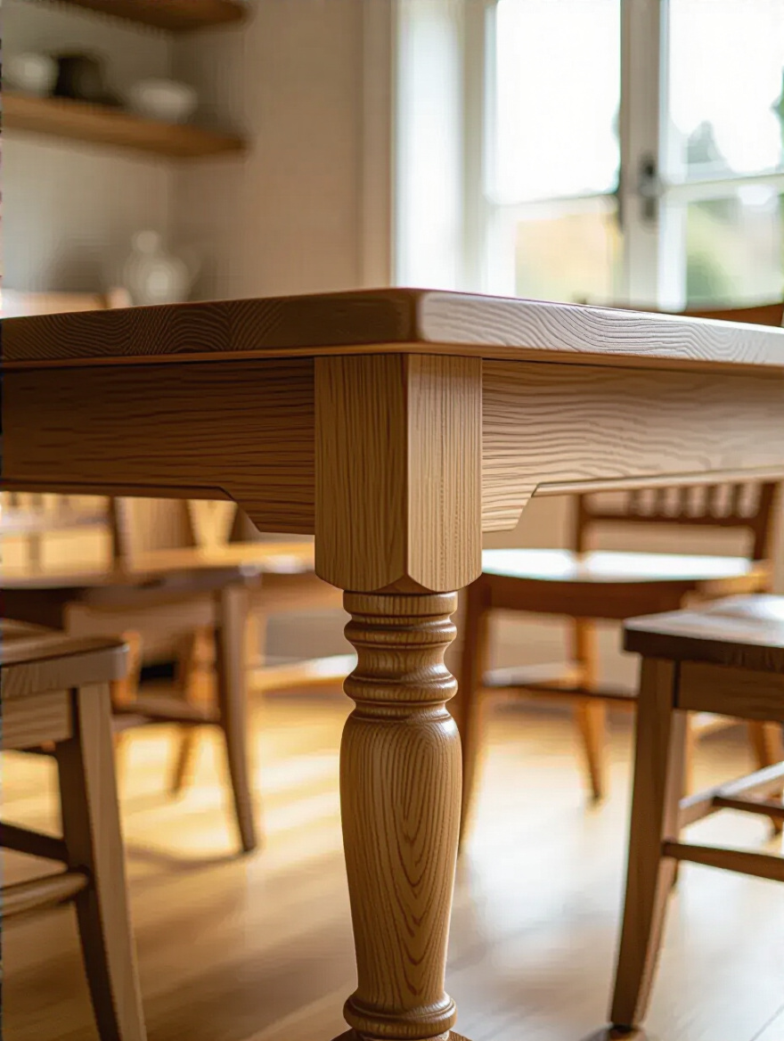 Close-up of a beautifully crafted solid oak farmhouse dining table with sturdy mortise and tenon joinery, highlighting the quality construction.