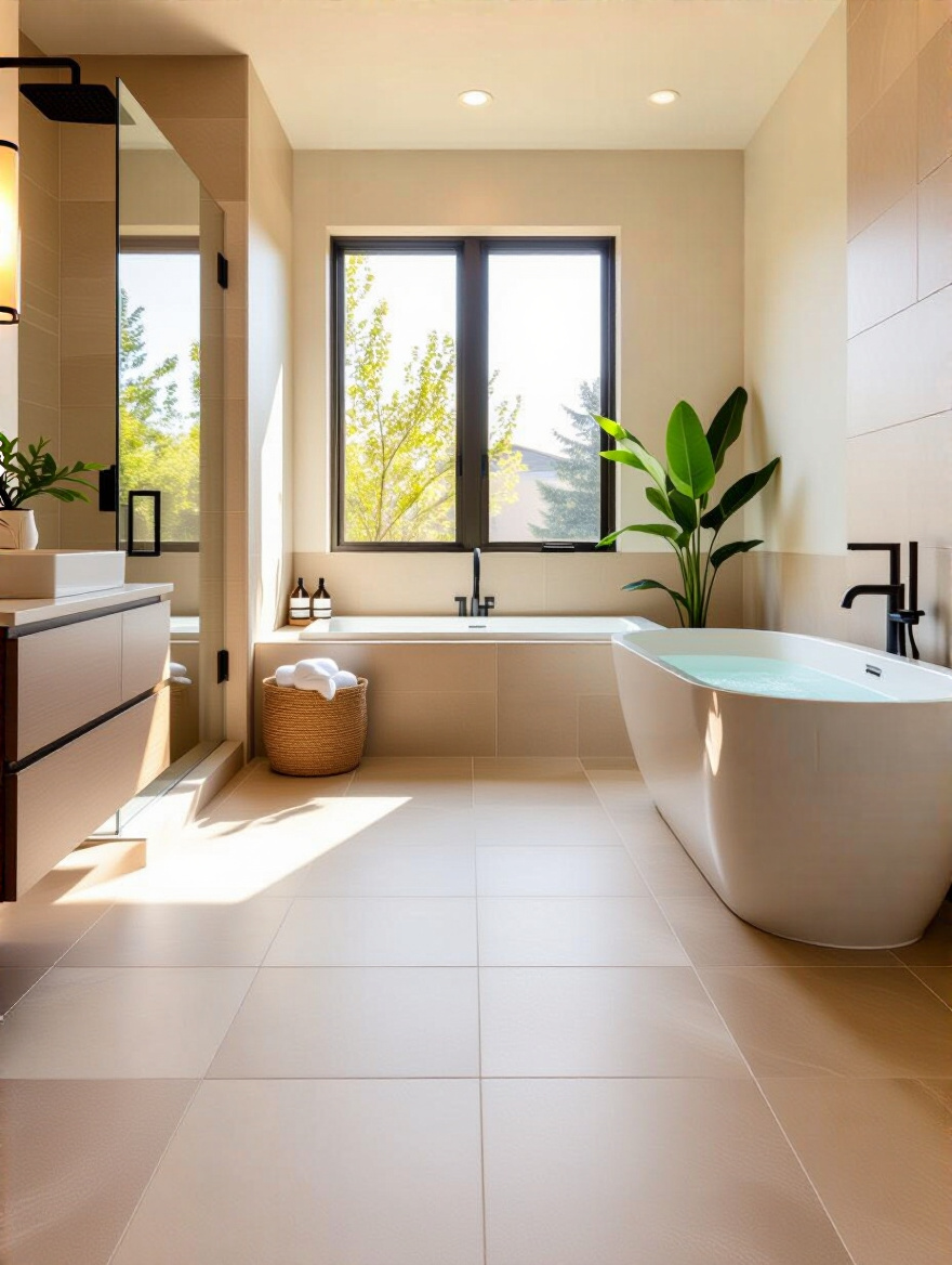 Modern bathroom with premium floor tiles, daylight, no people
