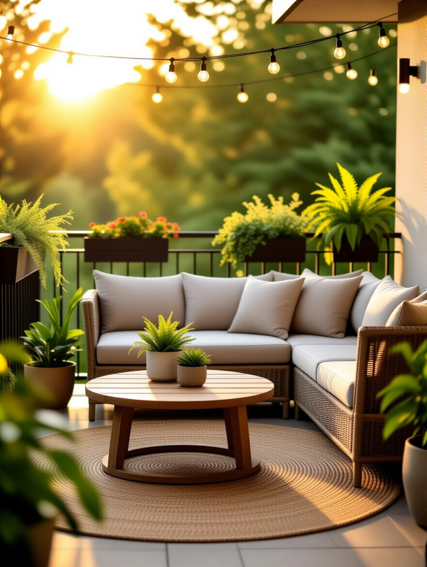 Cozy balcony decor with plants, seating, and warm lighting