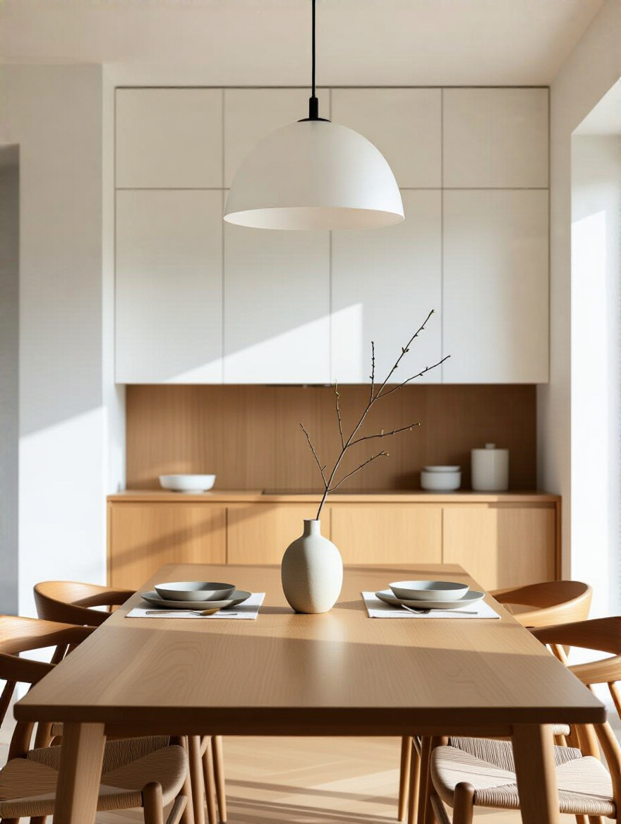Portrait of a clutter-free modern dining room with hidden storage and minimal decor