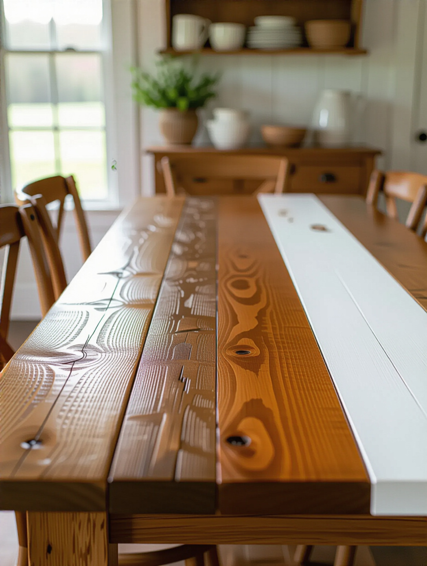 Three distinct samples of farmhouse dining table finishes: a rustic distressed wood, a warm stained wood, and a clean painted white finish, side-by-side on a table.