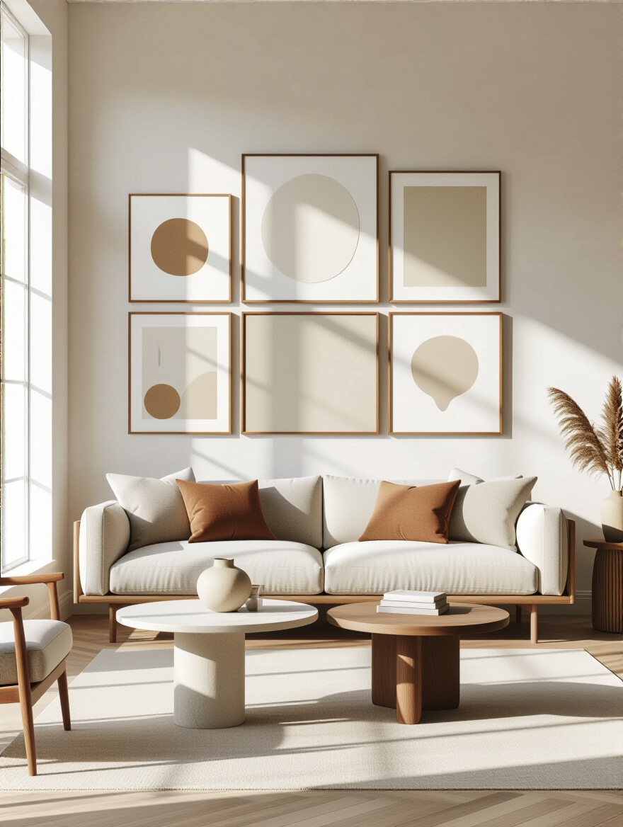 Portrait of a living room wall with a balanced gallery arrangement prepared for proportional decor.