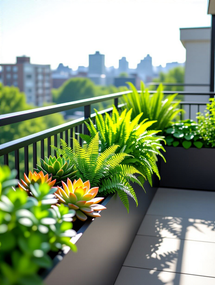 Portrait of a sun-exposed balcony garden with varied planters organized by light exposure