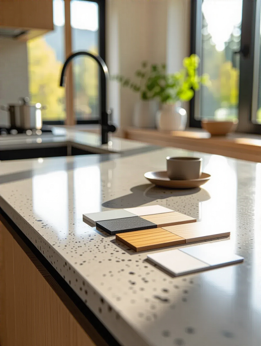 A clean kitchen countertop made of patterned granite, illuminated by soft natural light, with material swatches and a color palette card placed at its edge, symbolizing evaluation of existing aesthetics and surface material.