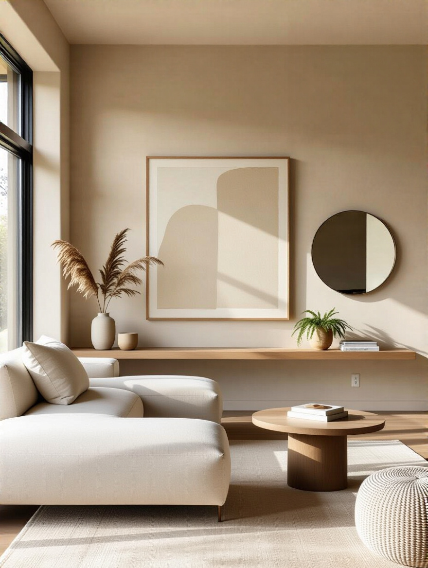 Portrait of a modern living room wall with an asymmetrical layout