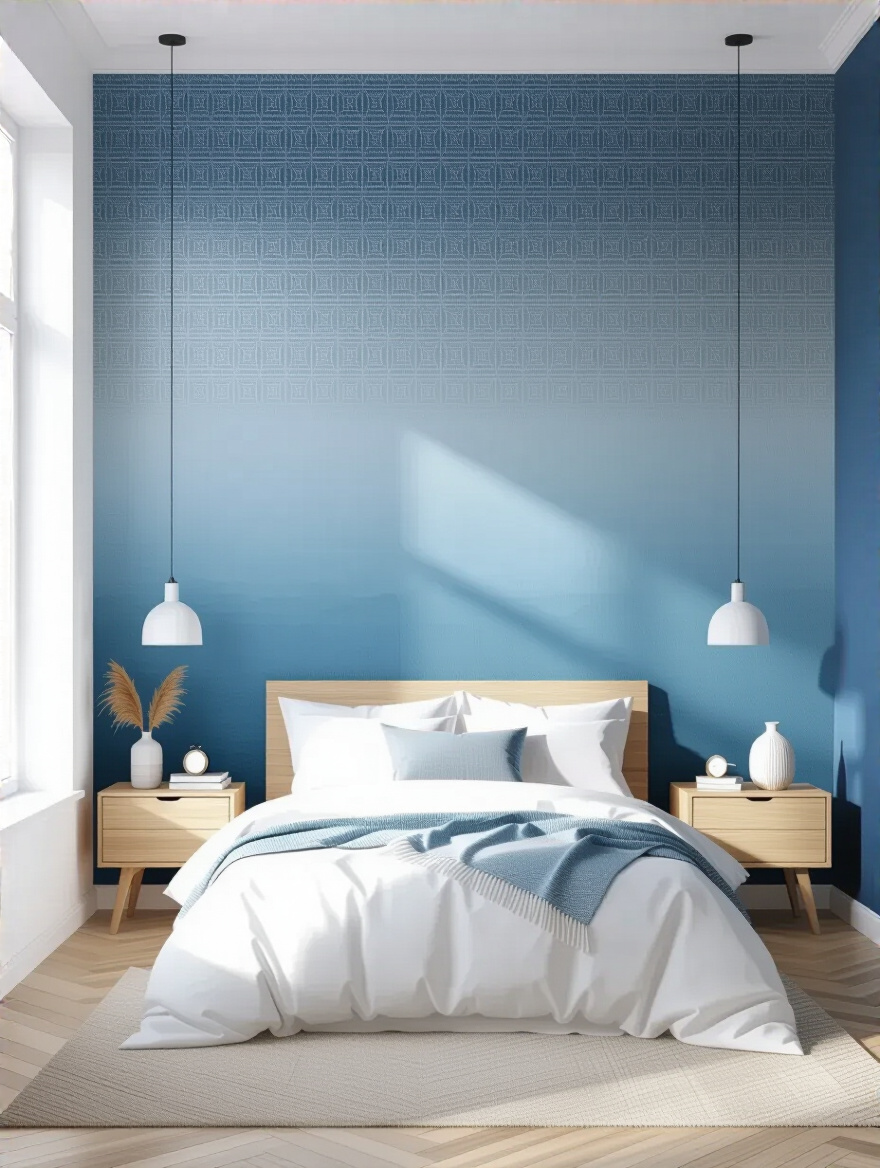 Blue-themed wallpaper feature wall in a serene bedroom