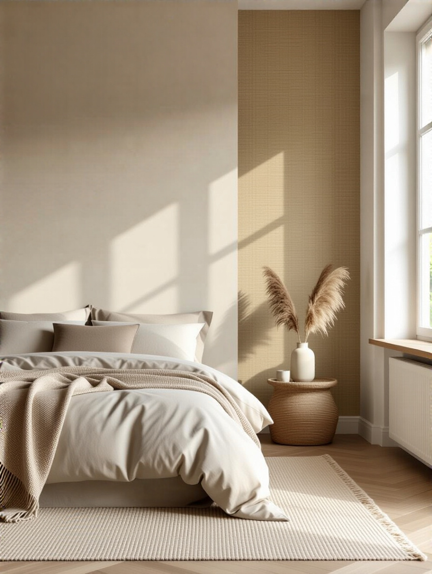 Dreamy bedroom feature wall with diverse wallpaper textures