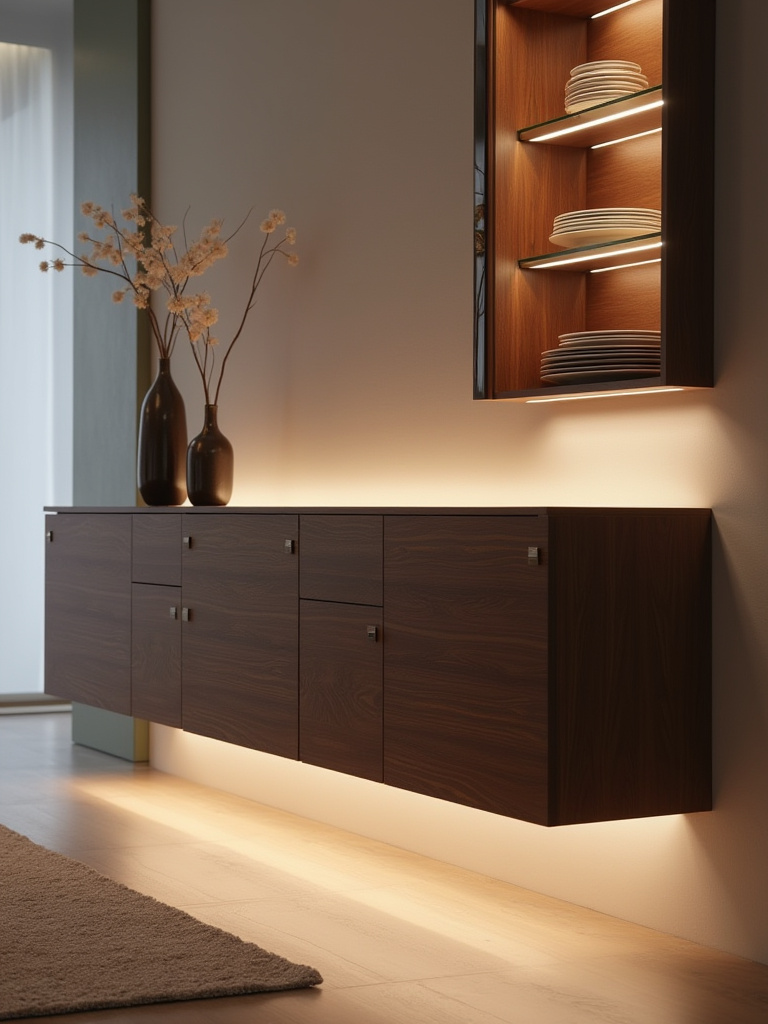Modern dining room with a dark wood credenza featuring integrated LED strip lighting, casting a warm glow on the wall and highlighting minimalist dinnerware inside glass cabinets, creating a seamless and clutter-free look.