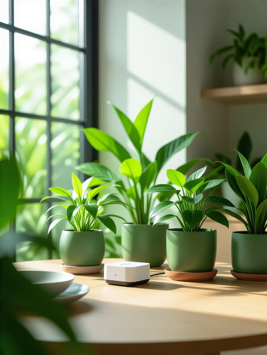 A smart irrigation system for indoor plants in a modern green dining room, showing automated watering and vibrant greenery.