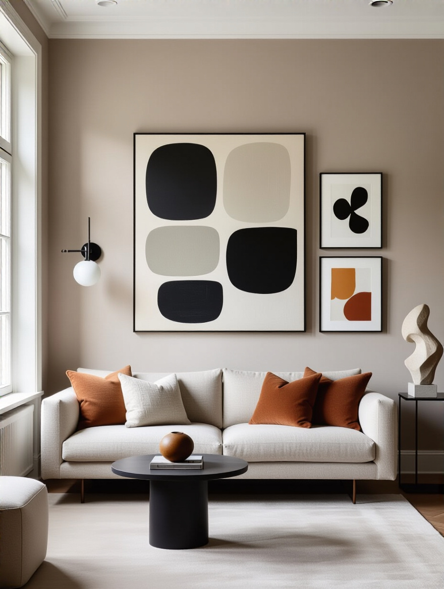 Portrait view of a living room wall with mixed art mediums: paintings, prints, photography, sculpture.