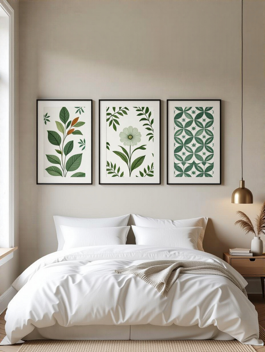 Framed wallpaper sections arranged as wall art above a minimalist bed in a serene bedroom.