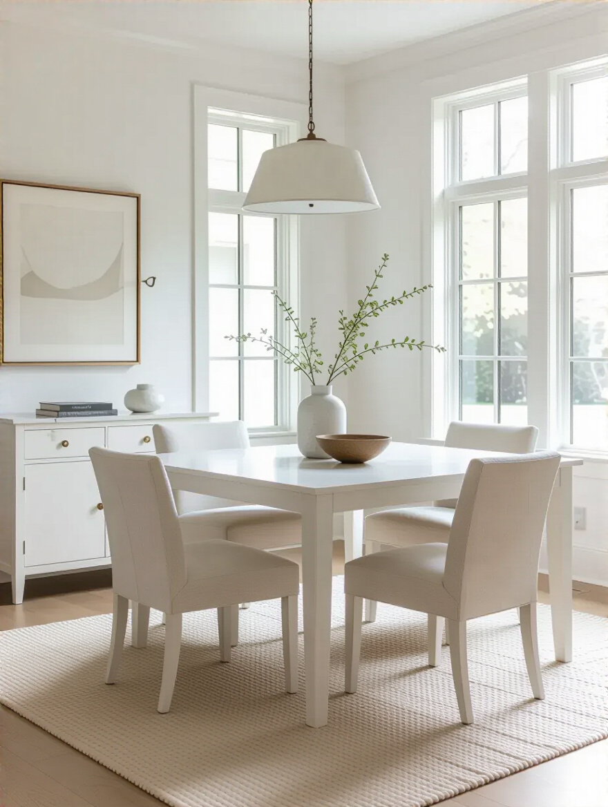 Portrait view of a timeless white dining room with adaptable pieces