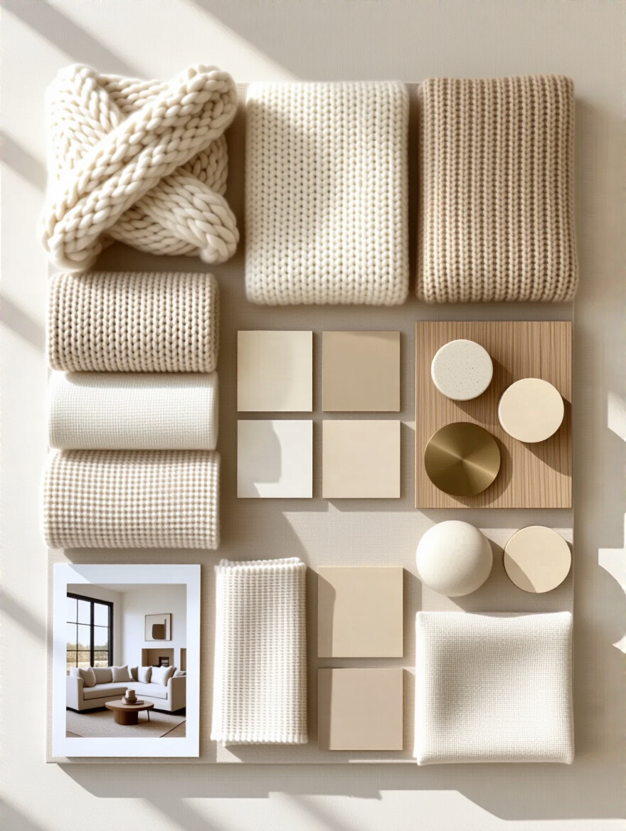 Overhead view of a beautifully organized beige living room mood board featuring fabric swatches, paint chips, wood samples, and inspirational photos.