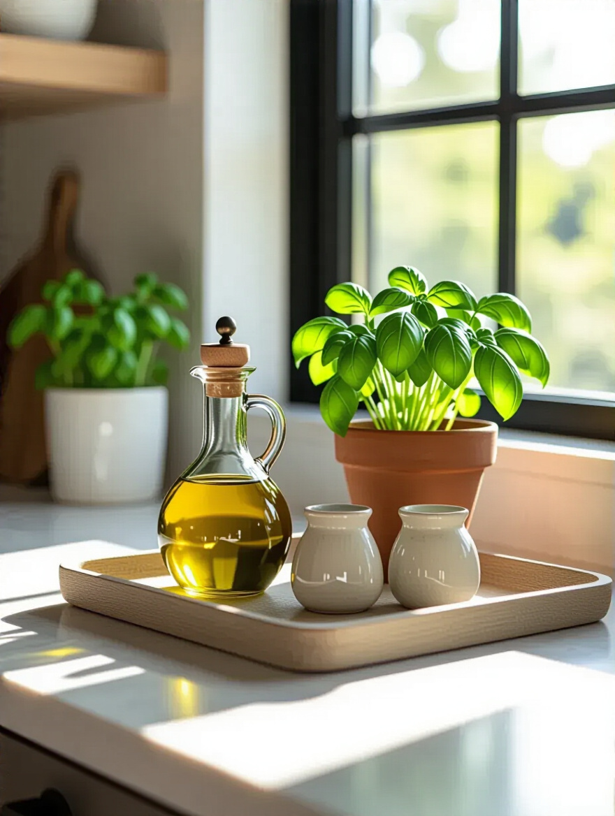 A modern kitchen countertop vignette featuring a natural wood tray, an elegant olive oil dispenser, a vibrant basil plant in a terracotta pot, and ceramic salt and pepper shakers, demonstrating how to group complementary items for visual appeal.