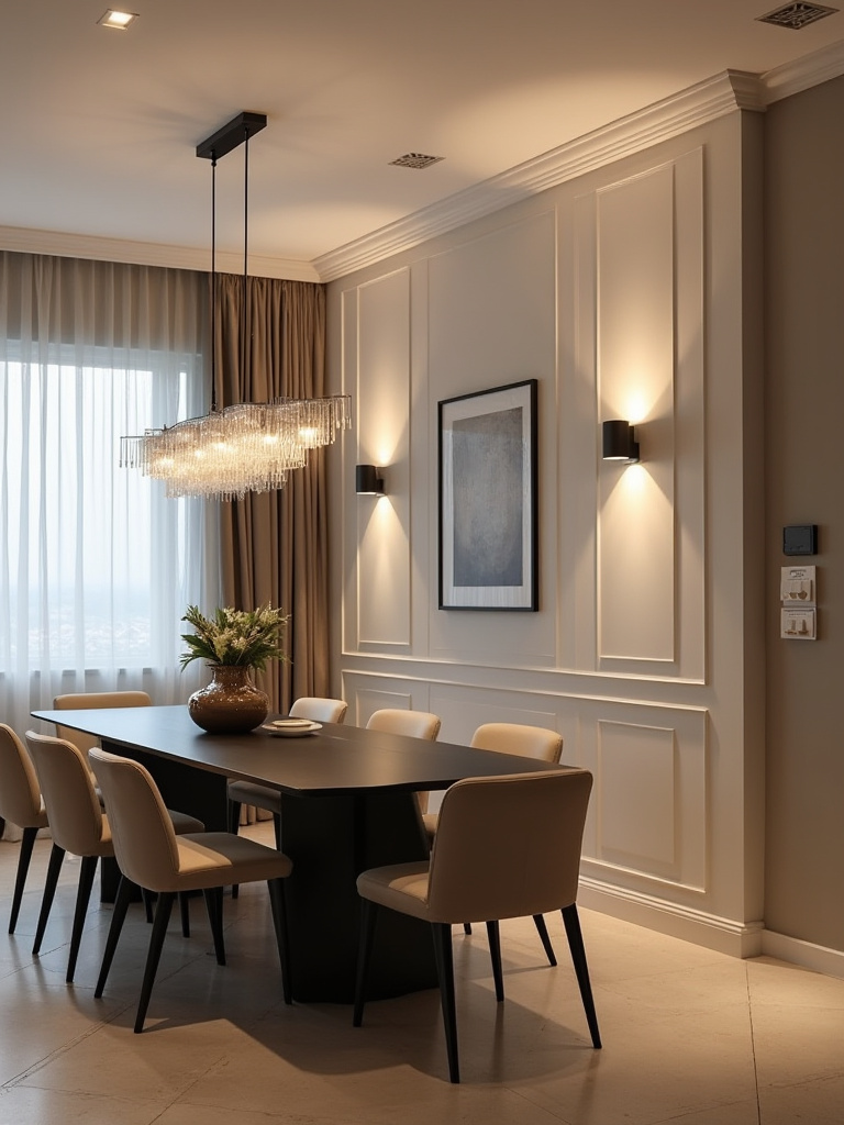 A modern dining room showcasing layered lighting with an elegant chandelier, recessed lights, and wall sconces, all controllable by separate, sleek switches.