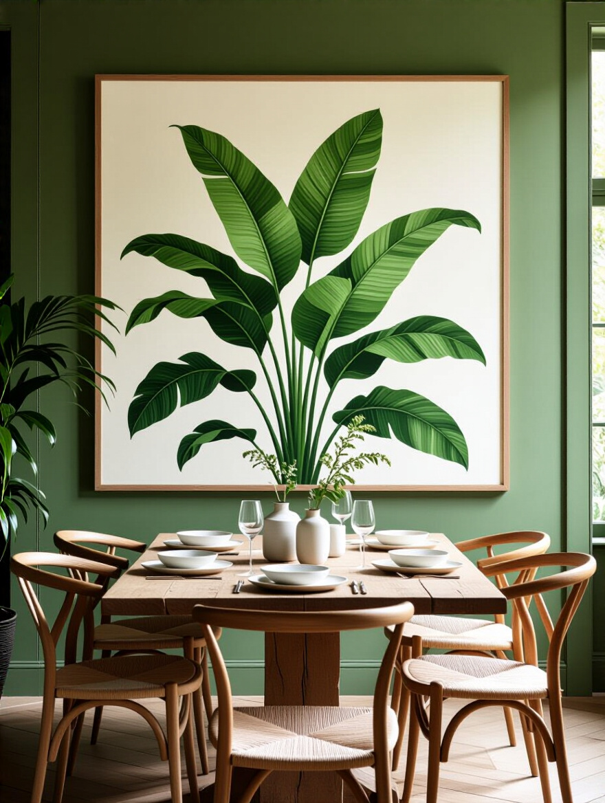 Large statement botanical art print featuring green foliage hanging above a rustic dining table in a green-themed dining room, enhancing a natural and tranquil aesthetic.