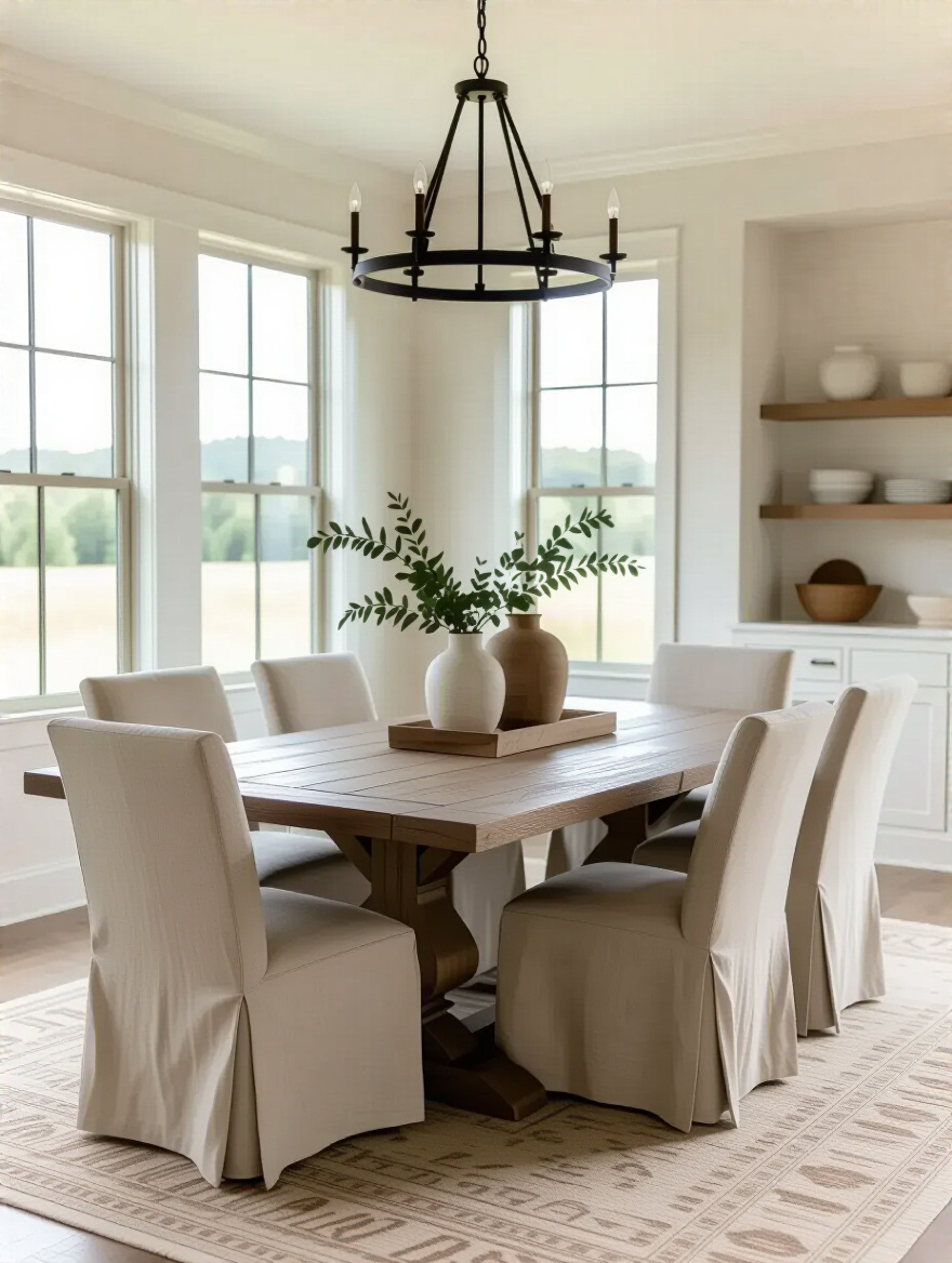 A beautifully harmonized modern farmhouse dining room featuring a solid, distressed wood farmhouse table, upholstered neutral chairs, and coordinated decor elements under soft natural light. The design demonstrates seamless integration with the existing home aesthetic.