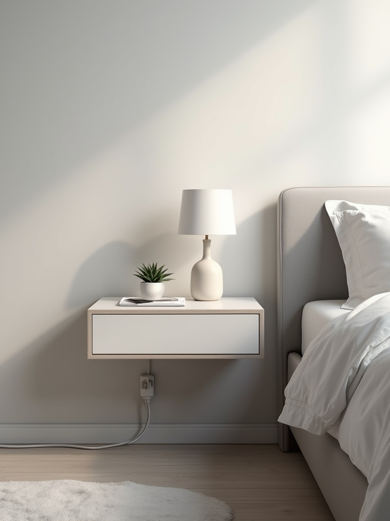 A modern bedroom featuring a minimalist nightstand with all cables perfectly concealed, demonstrating effective cord management for a clutter-free and serene environment.