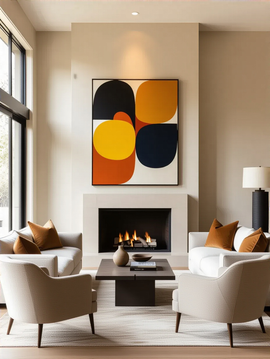 Portrait view of a living room with a clear focal point above a fireplace