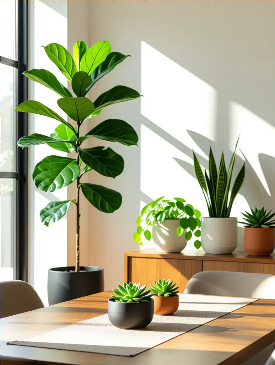 A stylish dining room featuring a tall Fiddle Leaf Fig as a focal point in a corner, complemented by trailing Pothos and a Snake Plant on a credenza, and small succulents on the dining table, all strategically placed to introduce lush greenery.