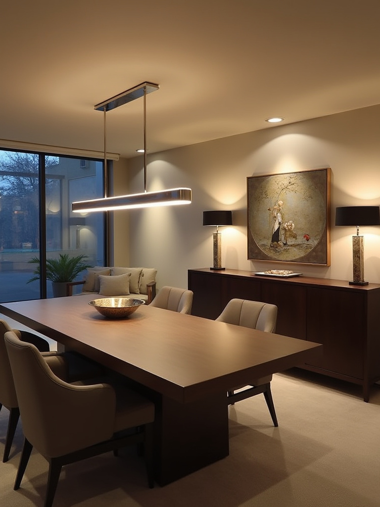 Modern dining room with layered lighting, showing distinct illumination zones from a linear pendant over the table, recessed ambient lights, and wall sconces for accent.