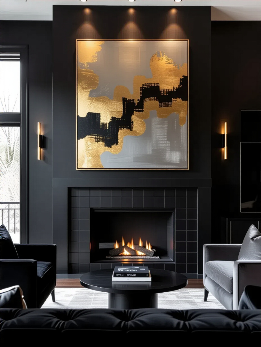A chic black living room centered around a matte black fireplace with a large gold and black abstract painting above, serving as a powerful focal point.