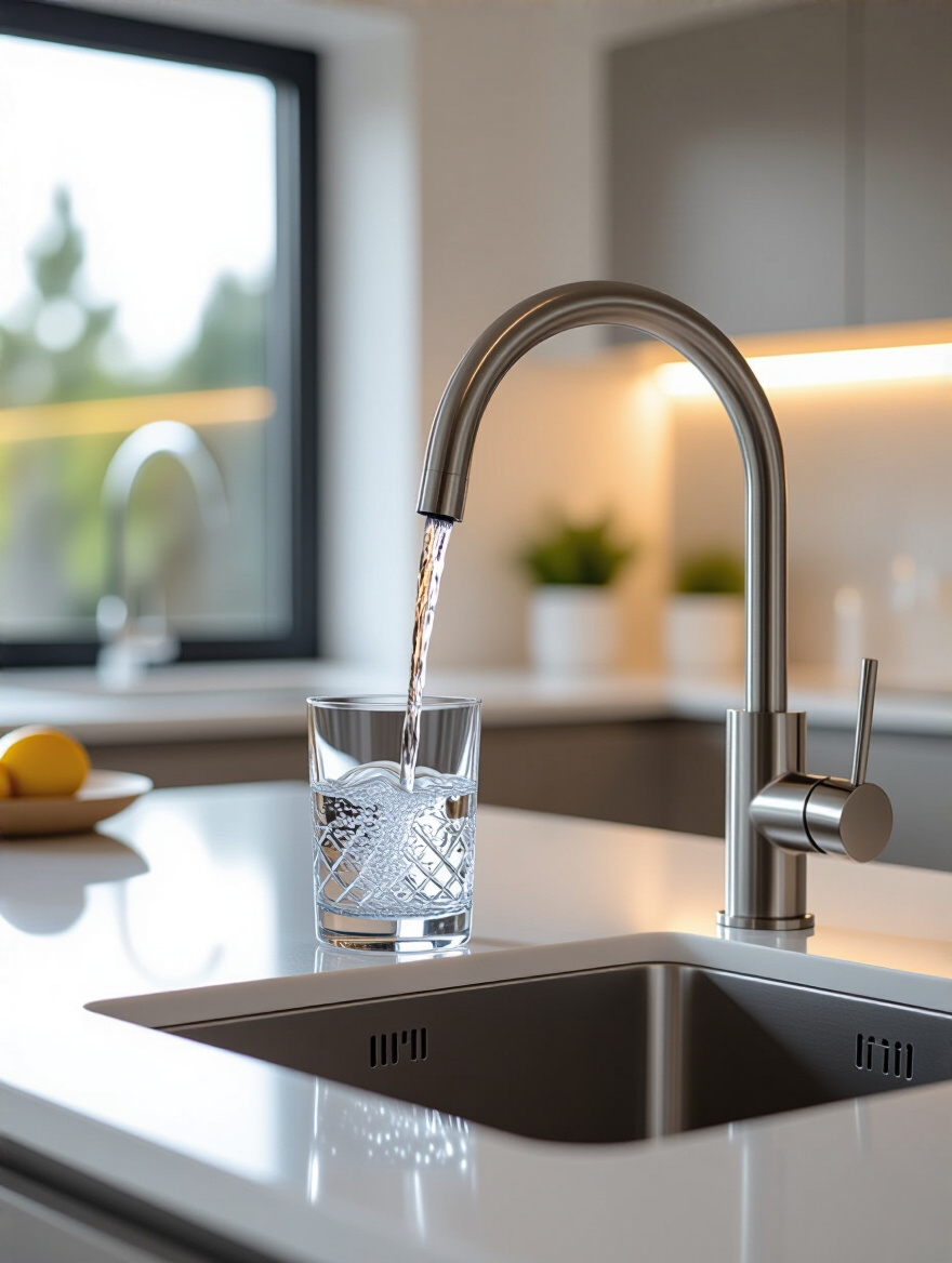 Modern luxury kitchen featuring a built-in advanced water filtration dispenser tap seamlessly integrated into a white quartz countertop, dispensing filtered water into a glass.
