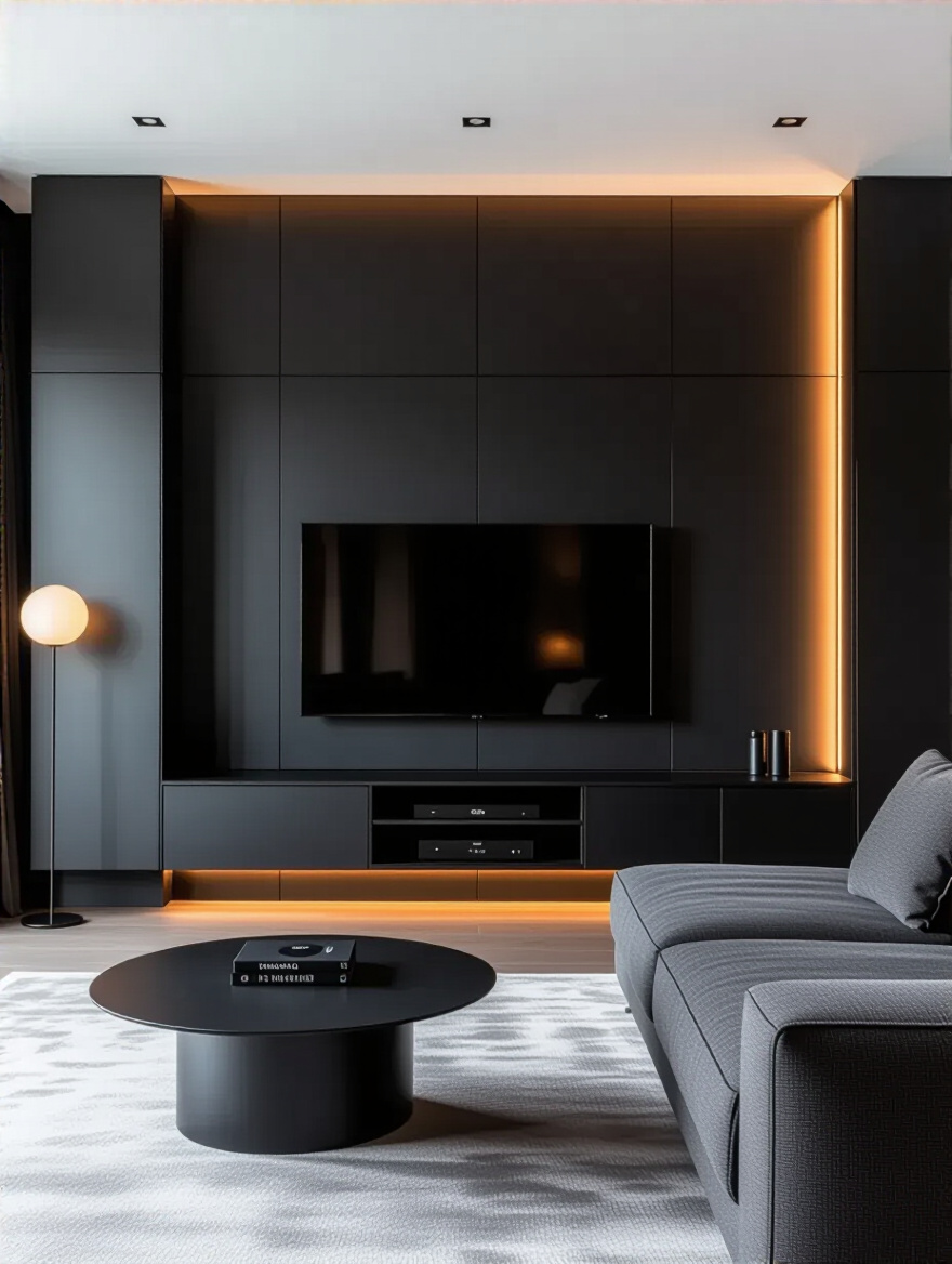 Sleek black living room with a modern media console integrated into a wall unit, showcasing clever hidden storage solutions for a clutter-free aesthetic.