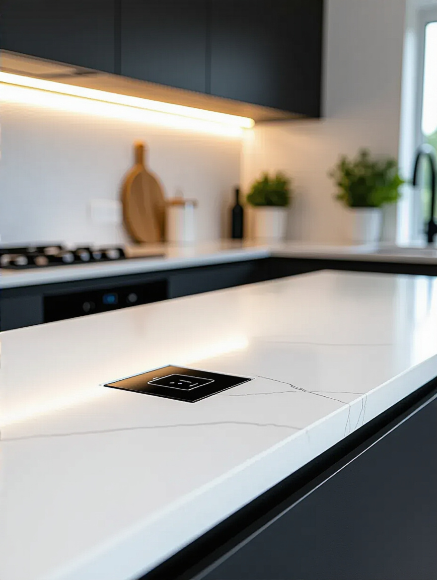 A modern kitchen countertop with a retractable pop-up power outlet flush with the surface, demonstrating hidden power outlets. The surrounding area is immaculately clean, with no visible cords, emphasizing a minimalist kitchen design.